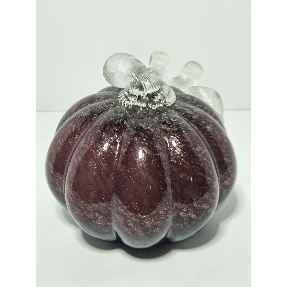 Maroon Hand Blown Glass Pumpkin Speckled Gold Glitter Curled Clear Stem Fall 6in